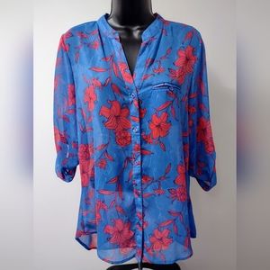 Kut from the Kloth Blouse, Blue and Red Floral, Size Medium, Excellent Condition